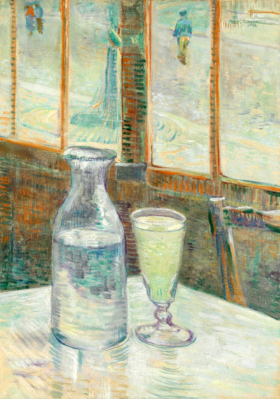small table with a carafe of water and a pale green 
drink in a glass; some figures visible through the background 
window