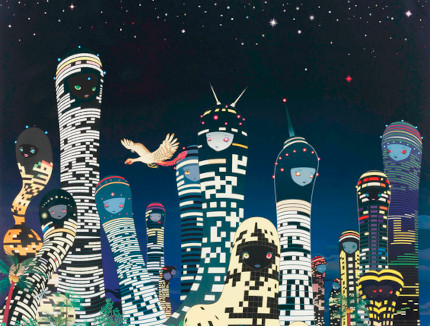 cartoon skyscrapers, 
at night