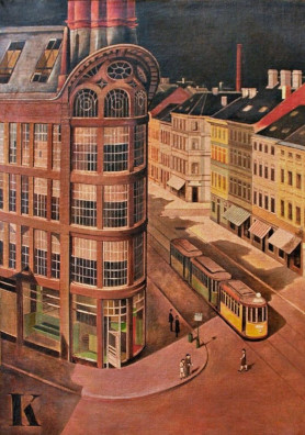 painting of an acute city corner with a yellow tram