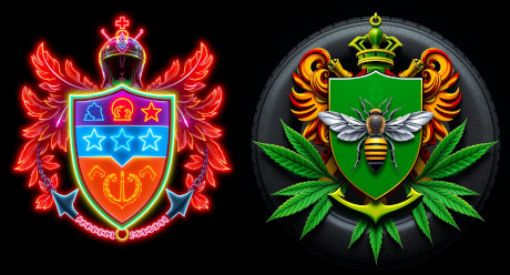 fanciful coats of arms, red on the left with 
neon stars and a space helmet, green on the right with MJ leaves 
and a honeybee