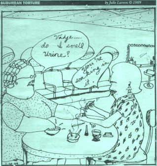 crude drawing of two women 
at a table, smoking. One is doing the other's nails
