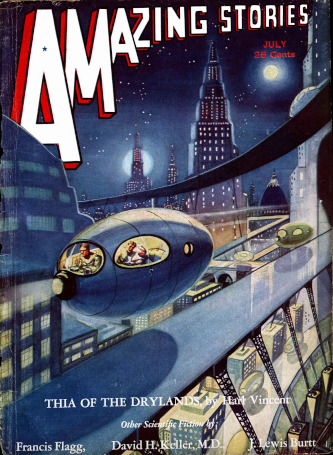 futuristic city-scape at night with floating, egg-shaped 
vehicles