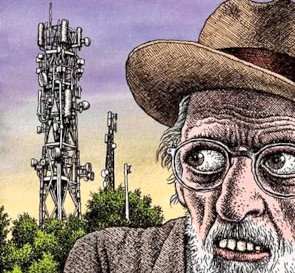 R.Crumb self 
portrait, looking askance at a cell-tower