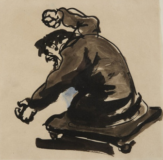 Simple painting of 
an angry man, truncated just below the waist, waving 
his fists.