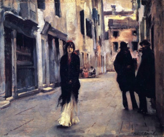 Painting of a young woman walking along the flagstones, 
observed by two shadowy figures to her left; while in the 
background, two or three other people sit in conversation