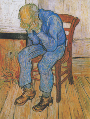 painting 
of an old man with his head in his hands, sitting by a fireplace