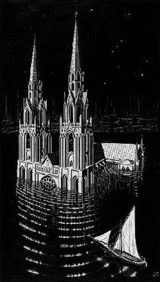 woodcut 
of a cathdral, submerged up to its rose window, ripples 
emanating from, and a schooner in the foreground, 
approaching. The constellation Orion is visible in 
the background night sky