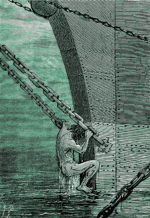 A naked man pulls himself 
up from the water using the chains of the ship he intends to board 
surreptitiously