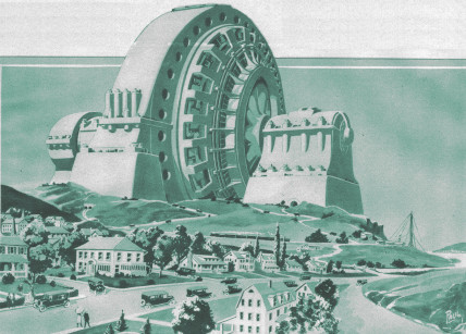 a huge horizontal dynamo on a hill above multi-family suburban houses