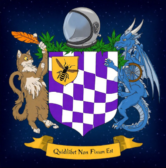AI output when prompted with 'Generate a 
heraldic device: on a dark blue starry background, 
a purple-and-white checked escutcheon 
with a honeybee charge, supported by a cat on the 
left clutching an orange feather while a blue 
dragon to the right holds a bicycle wheel; and a 
mantle of Marijuana leaves, surmounted by an 
empty space helmet. The motto, underneath, 
Quidlibet Non Fixum Est' 
(anything that ain't nailed down)