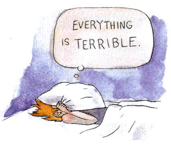 Lucy Knisley drawing of herself, in bed, with a pillow over her head