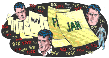 Pages of a calendar falling away and a clock ticking, as a man ponders 