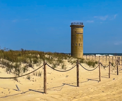 a tubular concrete tower on the Delaware shore, from the war