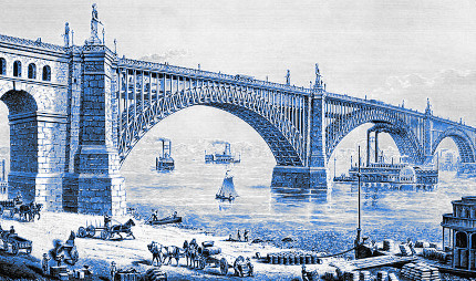 engraving of a mighty bridge over the Mississippi River in St. Louis
